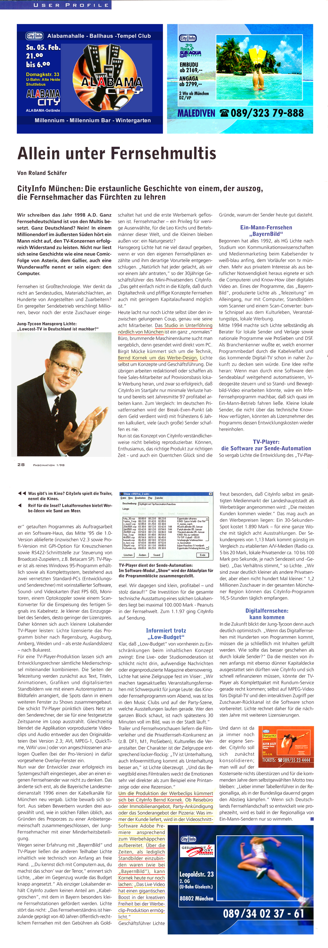 Bernd Kornek in "FASCINATION" - Ausgabe 7, Januar/Februar 1998, S.28/29, "USER PROFILE" - BK-Mediendesign & Konzeption - 460 Produktionen fr "CityInfo Mnchen" 1997-2002