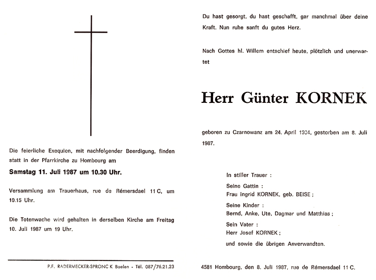 Gnter Kornek - Todesanzeige