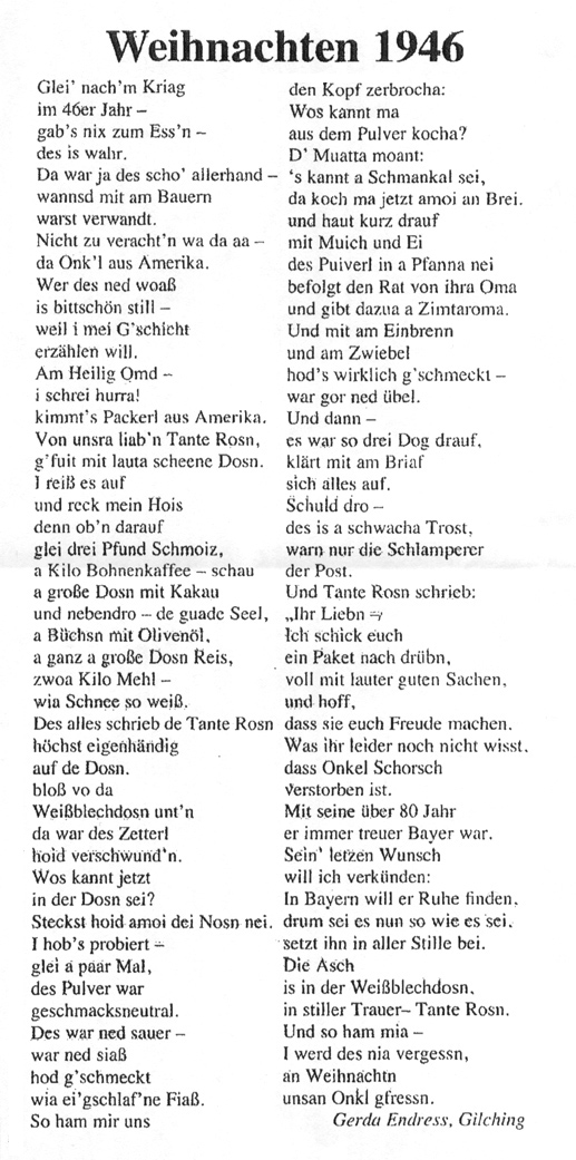 Weihnachten 1946 - Andenken an meinen "urbayerischen" Bettnachbarn im Klinikum Starnberg im Jahr 2010